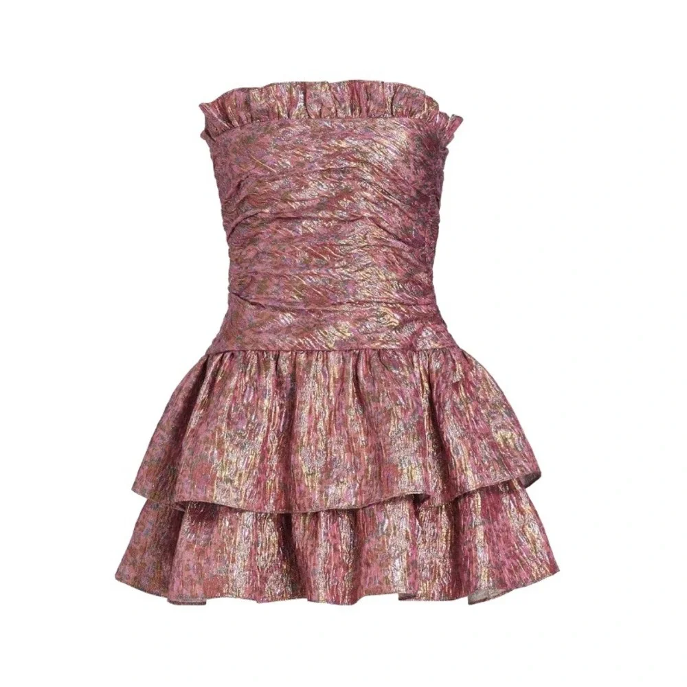 LOVESHACKFANCY Acelin Dress Pink Gold Metallic Jacquard Strapless Ruched Mini 10 - Picture 3 of 11